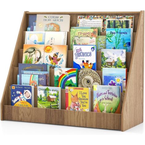 COSTWAY Bibliothèque Enfant en Bois à 5 Niveaux, Étagère à Livres avec Dispositif Anti-basculement et Patins Antidérapants, Meuble de Rangement Jouet pour Bureau Chambre, 91x38x76,5 cm (Naturel)
