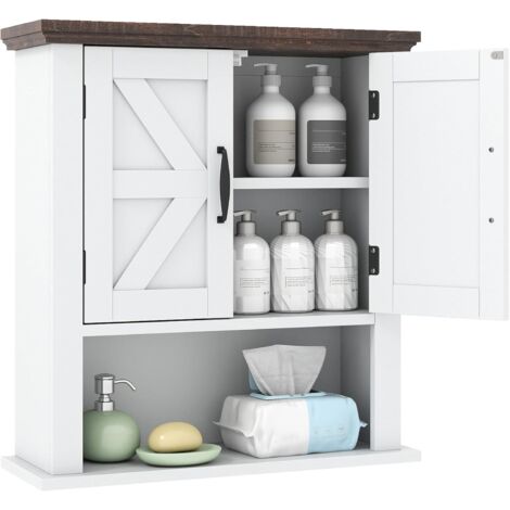 COSTWAY Armoire Murale Salle de Bain, Meuble WC Suspendu avec 2 Portes, Étagère Réglable, Compartiment Ouvert, Style Ferme, Placard de Rangement pour Toilette, Salon, 55 x 19 x 60 cm (Blanc)