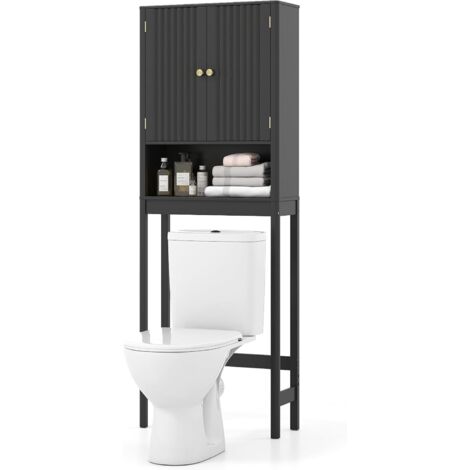 COSTWAY Meuble Toilette, Étagère WC, Portes Cannelées, Compartiments Ouverts, Étagère Réglable, Barre Inférieure, Meuble WC Rangement Gain de Place, pour Salle de Bain, 23 x 60 x 168 cm (Noir)