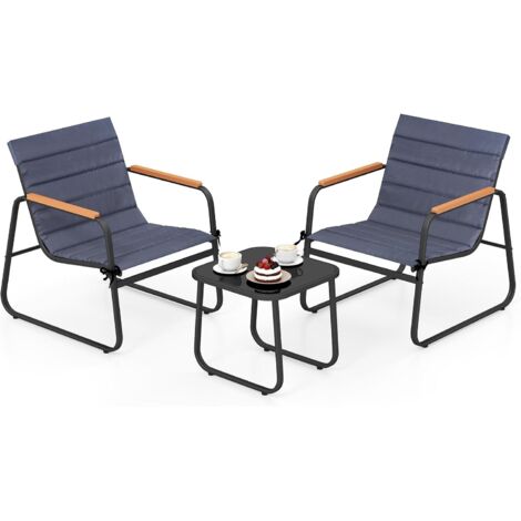 COSTWAY Ensemble Bistrot pour Patio 3 Pièces, Table et Chaises avec Coussins Amovibles Plateau en Verre Trempé, Salon de Jardin en Métal avec Sièges Respirants, pour Patio (Accoudoirs Bois-Plastique)