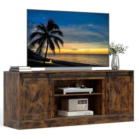 COSTWAY Meuble TV avec 2 portes coulissantes et étagères réglables, support TV pour téléviseur jusquà 70 pouces, meuble TV bas 150 x 39 x 60 cm, console multimédia marron, meuble TV pour salon (1/5)