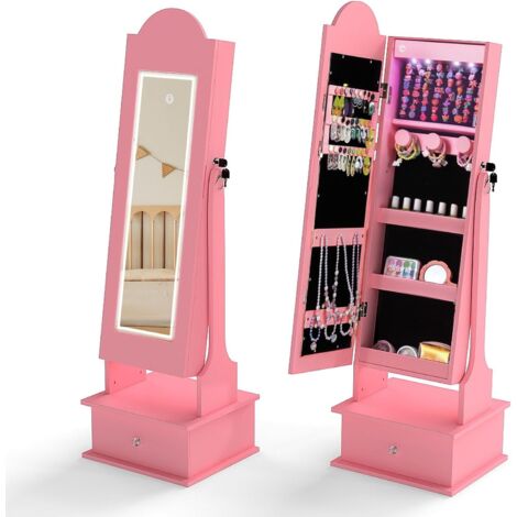 COSTWAY Armoire à bijoux pour enfants avec éclairage, armoire à glace 2 en 1 verrouillable avec miroir en pied 3 couleurs, 4 lampes LED et tiroir, organiseur de bijoux inclinable pour chambre d'enfant (1/3)