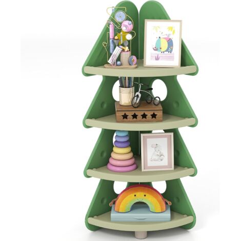 COSTWAY Bibliothèque Enfant d'angle en Forme de Sapin de Noël, Étagère à Livre Enfant en HDPE à 4 Niveaux avec Garde-Corps Anti-Chute, pour Chambre d'enfants, Crèche, Salle de Jeux, 44x44x123,5cm