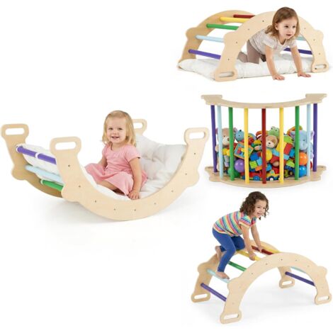 COSTWAY 3 en 1 Arche d’Escalade en Bois Enfant avec Coussin Moelleux, Arche à Bascule pour Grimper ou Se Reposer, Jouet darc descalade pour Chambre Salle de Jeux, Charge 30KG, 3 Ans+ (Coloré) (1/5)