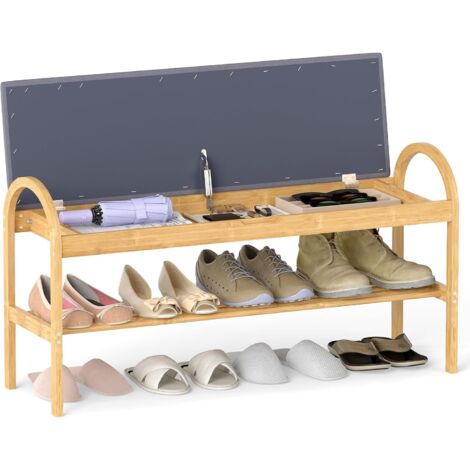 COSTWAY Banc à chaussures avec assise, banc en bambou, banc dentrée avec étagère à chaussures et espace de rangement caché, pouvant servir dorganiseur à chaussures et de banc de lit, charge maximale 1 (1/5)
