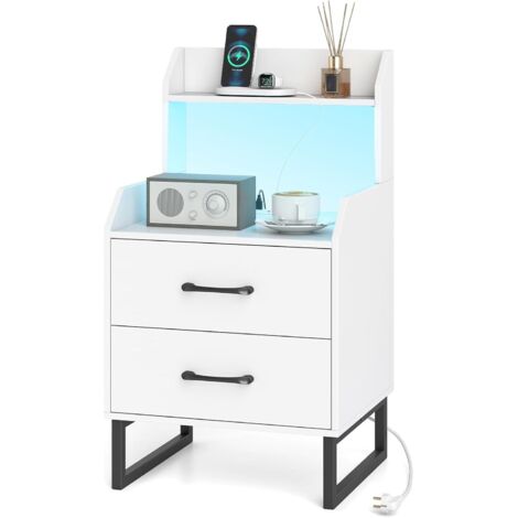 COSTWAY Table de Chevet avec Prise Intégrée, Table de Nuit LED, Port USB, Type-C, 2 Tiroirs, Étagère Ouverte, Télécommande 24 Modes, Chevet de Lit Moderne, pour Chambre à Coucher, Salon, Blanc (1/5)