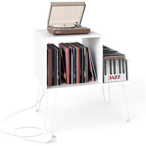 COSTWAY Support Tourne-Disque avec Prise, Meuble Tourne-Disque Vinyle pour 145 Albums, Station de Charge, 2 Ports USB, 4 Pieds Amovibles, 3 Séparateurs, Étagère sur Table(Blanc) (1/5)