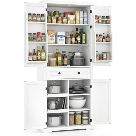 COSTWAY Armoire de cuisine haute, 184 cm Armoire de rangement pour cuisine, buffet avec 4 étagères réglables, 2 plateaux coulissants, 4 portes et tiroir, armoire de rangement indépendante pour salle à