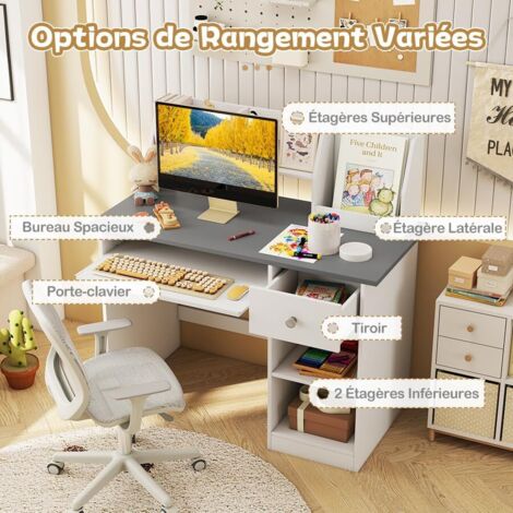 Bureau Enfant COSTWAY Bois 90x45x90cm Avec Étagères, Niche & Plateau Clavier - Charge 100kg - Blanc