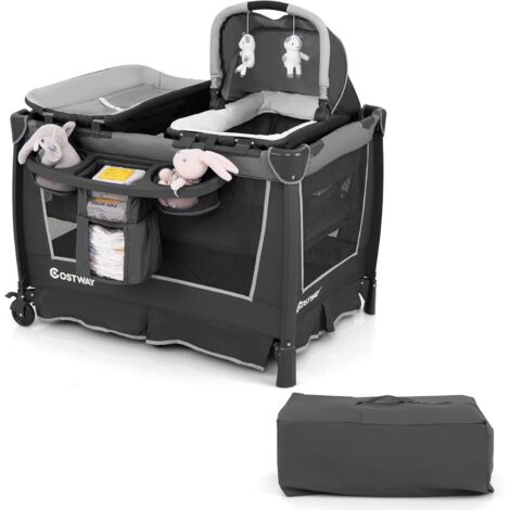 COSTWAY Lit bébé 5 en 1, lit de voyage avec berceau amovible et matelas à langer, lit de voyage pour enfant avec matelas, sac de transport et roulettes, lit bébé pliable et portable, 103 x 74 x 73 cm