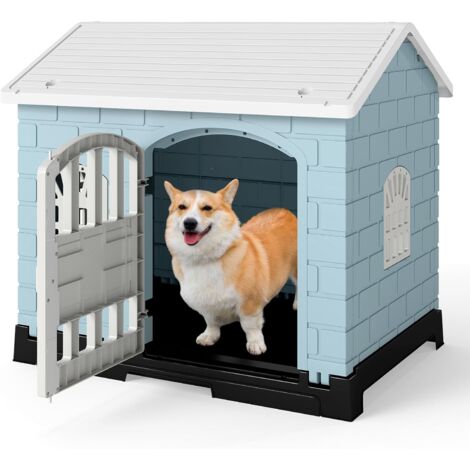 COSTWAY Niche pour Chien Pliable Exterieur Interieur, Plateau de Toilette Amovible, Porte Verrouillable, Cage Chien Chat en PP, 3 Fenêtres, Toit Incliné, pour Chiot Chat Lapin (75 x 57 x 68 cm,Bleu)