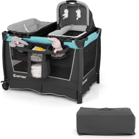 COSTWAY Lit bébé 5 en 1, lit de voyage avec berceau amovible et matelas à langer, lit de voyage pour enfant avec matelas, sac de transport et roulettes, lit bébé pliable et portable, 103 x 74 x 73 cm