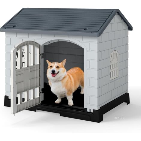 COSTWAY Niche pour Chien Pliable Exterieur Interieur, Plateau de Toilette Amovible, Porte Verrouillable, Cage Chien Chat en PP, 3 Fenêtres, Toit Incliné, pour Chiot Chat Lapin (75 x 57 x 68 cm,Gris) (1/5)