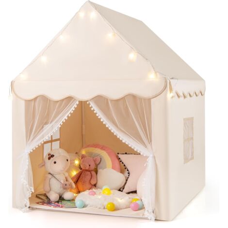 COSTWAY Tente de Jeux pour Enfants avec Lumières Étoiles & Tapis Lavable en Coton, Cabane Enfant Interieur avec Rideau & 2 Fenêtres, Château de Princesse Tente pour 4 Enfants, 104x122x135 cm (Beige)
