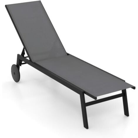 COSTWAY Bain de Soleil avec 2 roulettes, Chaise Longue Jardin Exterieur Réglable en 6 Positions, Tissu Respirant, Structure en Métal, Transat pour Piscine Terrasse Jardin, Charge 150 kg (Gris,1)