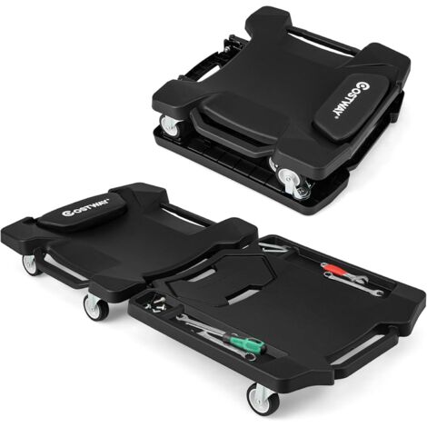 COSTWAY Chariot de Visite Pliable 108 CM, Chariot de Mécanique avec Appui-tête Rembourré, Plateaux-Outils, Planche à roulettes Ergonomique pour Atelier, Garage, Réparation Auto, Charge 158Kg