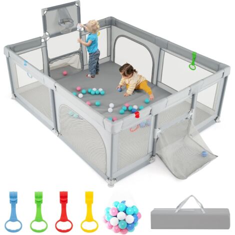 COSTWAY Parc Bebe avec 50 Balles Océaniques, Parc Enfant avec Panier de Basket, But de Football, Porte Zippée, 4 Anneaux de Traction, Clôture Portable pour 0-3 Ans (Gris Clair,88 x 157 x 100 cm)