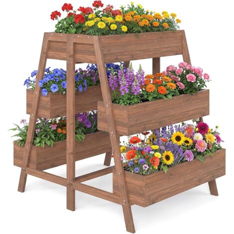 COSTWAY Jardinière Surélevée Verticale en Bois, Lit de Jardin Surélevé Multi-Niveaux avec 6 Bacs à Plantes avec Fond à Lattes Doublure, pour Fruits Fleurs Légumes, Marron, 126 x 90 x 115 cm (1/5)