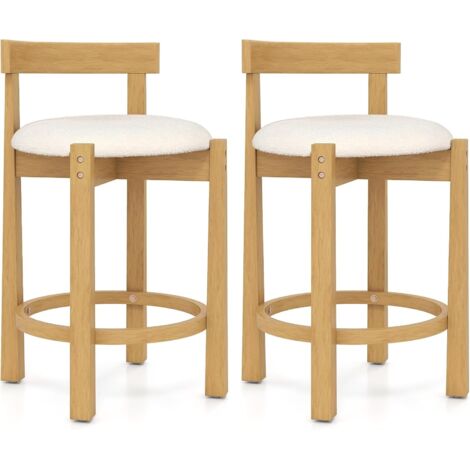 COSTWAY Lot de 2 Tabourets de Bar en Velours Teddy, Chaises de Bar Bois, Hauteur Comptoir, Dossiers, Repose-Pieds, Chaise Haute Bois pour Cuisine, Style Naturel (2) (1/5)
