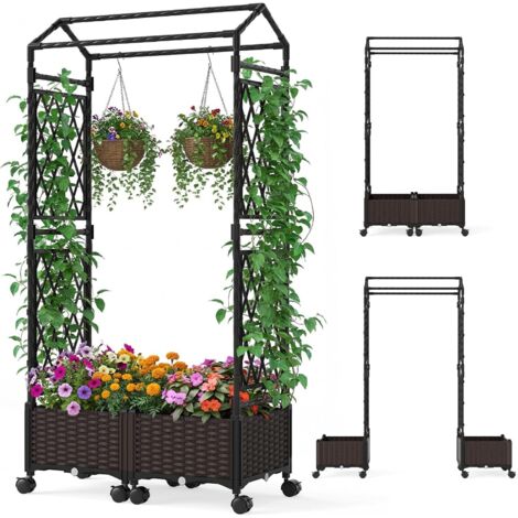 COSTWAY Jardinière avec 2 Treillis Latéraux Toit Suspendu, Lit de Jardin Surélevé Bac Inférieur à Arrosage Automatique en Rotin avec roulettes Verrouillables pour Plantes Grimpantes Fleurs (Marron) (1/5)