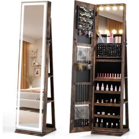 COSTWAY 3 en 1 Armoire à Bijoux Pivotante à 360°, Miroir Pleine Longueur, Étagères Arrière, 3 Lumières LED, 3 Boîtes en Acrylique, 2 Poches, Armoire de Rangement Cosmétiques Verrouillable (Industriel) (1/5)