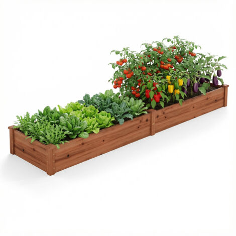Jardinière Surélevée Rectangulaire en Bois de Sapin Base Ouverte 240x60x25CM, Lit de Jardin Facile à Assembler pour Culture Fruits Légumes, Marron (1/5)