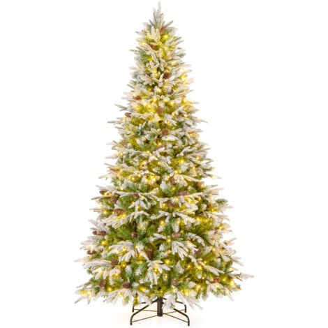 Sapin de Noël Artificiel de 225 cm, Arbre de Noël à Charnières Floqué de Neige, 1135 Pointes, 81 Pommes de Pin, 470 Lumières LED Blanc Chaud (1/5)