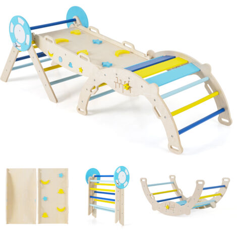 7 en 1 Triangle d'escalade Enfant Pliable sur Thème Nautique avec Rampe & Échelle, Arche d'escalade Montessori en Bois Hêtre, pour 1 an+, Macaron
