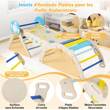 Goodevas Cadre d'escalade d'intérieur 5 en 1 en bois avec toboggan - Triangle d'escalade Montessori pour enfants à partir de 1 an - Aire de jeux d'intérieur pour bébé - Jouet d'escalade