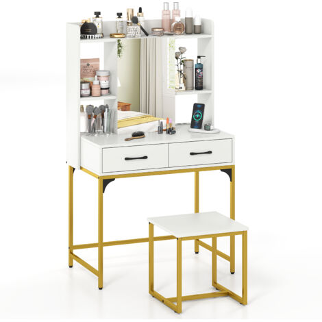 Coiffeuse avec Miroir et Tabouret, Coiffeuse avec Rangement, Station de Charge, 2 Tiroirs, 3 Étagères Ouvertes, Table de Maquillage, Blanc (1/5)