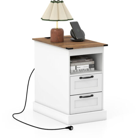 Table de Chevet avec Prise, Table de Nuit Connectée avec 2 Tiroirs MDF, 2 Prises, 2 Ports de Charge, Compartiment, Blanc (1/5)
