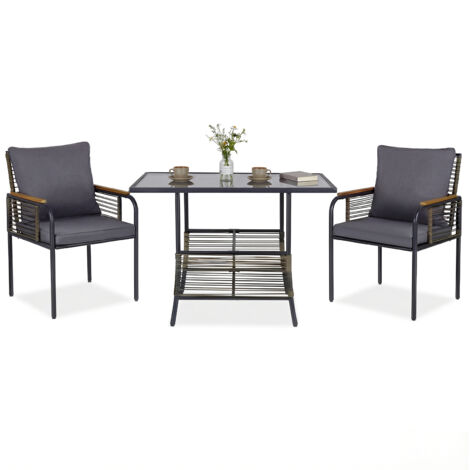 Ensemble Bistro de Terrasse en Rotin 3 pièces, Salon de Repas avec Coussins, Table Rectangulaire et Chaises en Rotin pour Balcon, Véranda, Gris (1/5)