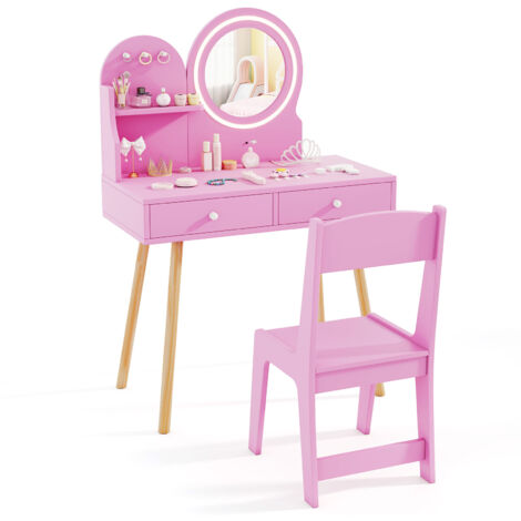 Coiffeuse Enfant avec Chaise & Miroir Éclairé LED, Bureau Enfant avec Étagère & 2 Tiroirs & Crochets, Charge 50/75kg pour 3 Ans+, Rose (1/5)