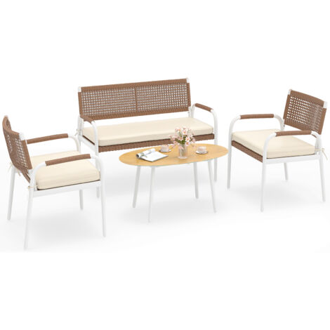 Ensemble Mobilier de Patio 4 Pièces, Canapé 2 Places en Rotin PE, 2 Fauteuils avec Coussins d'Assise, Table en Verre Trempé, pour Balcon, Porche (1/5)