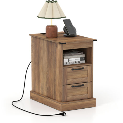 Table de Chevet avec Prise, Table de Nuit Connectée avec 2 Tiroirs MDF, 2 Prises, 2 Ports de Charge, Compartiment, Marron (1/5)