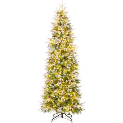 Sapin de Noël Artificiel de 220 cm, Arbre de Noël à Charnières Floqué de Neige, 913 Pointes, 75 Pommes de Pin, 350 Lumières LED Blanc Chaud (1/5)