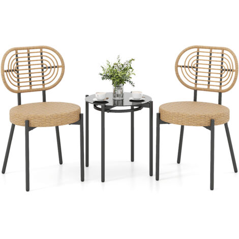 Ensemble de Meuble Bistro 3 PCS en Résine Tressée PE, Set de Conversation pour Patio avec Table Basse en Verre Trempé et Fauteuils en Rotin (1/5)