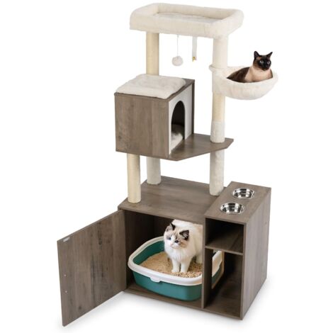 arbre à chat avec meuble caché pour bac à litière, bois, tour pour chat, poteau en sisal, tapis à griffer, balle suspendue, perchoir supérieur, baig