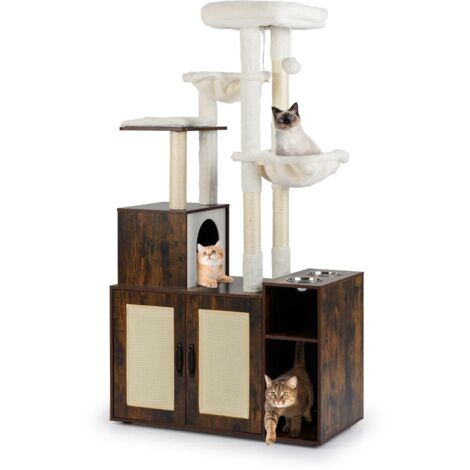 arbre à chat avec meuble caché pour bac à litière, bois, tour pour chat, poteau en sisal, tapis à griffer, balle suspendue, perchoir supérieur, baig