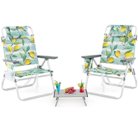 lot de 2 chaises de plage sac à dos table pliante léger portable réglable en aluminium appui-tête dossier réglable 5 positions accoudoirs porte-gobe (1/5)