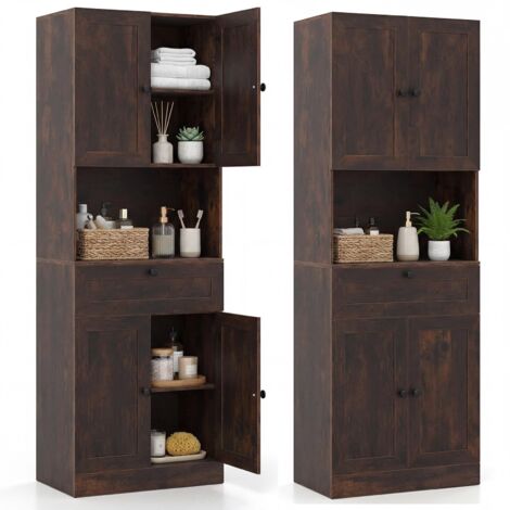 armoire de salle de bains haute tour à linge organisateur autoportant placard de cuisine buffet meuble en bois 4 portes tiroir étagère réglable comp