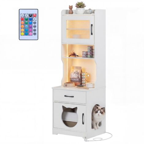 enceinte bac à litière chat étagères de rangement meuble toilette cachée station de charge lumière LED bois grande privée rustique ferme coin biblio