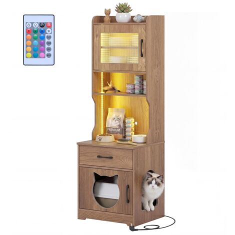 enceinte bac à litière chat étagères de rangement meuble toilette cachée station de charge lumière LED bois grande privée rustique ferme coin biblio