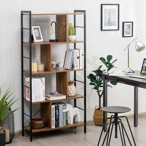 COSTWAY Bibliothèque à 5 Niveaux//Etagère de Rangement-Style Industriel-74x30x155cm Montage Facile Idéal pour Salon/Bureau/Salle