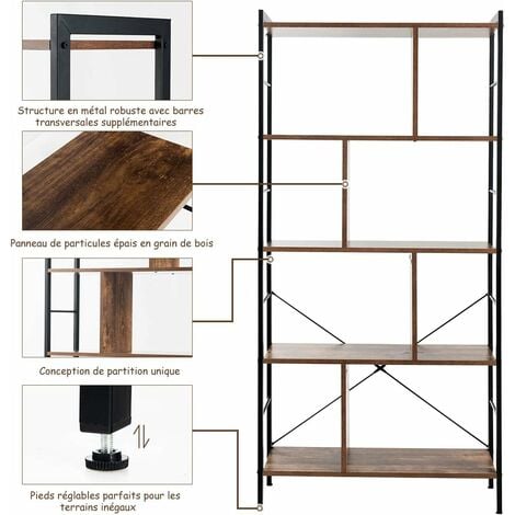 COSTWAY Bibliothèque à 5 Niveaux//Etagère de Rangement-Style Industriel-74x30x155cm Montage Facile Idéal pour Salon/Bureau/Salle