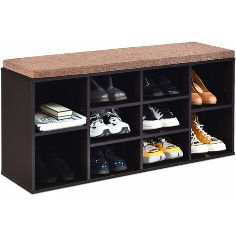 COSTWAY Meuble à Chaussures Banc à Chaussures avec Siège Coussin Rembourré 10 Cubes, Etagères Réglables en Bois104x30x48CM Marron