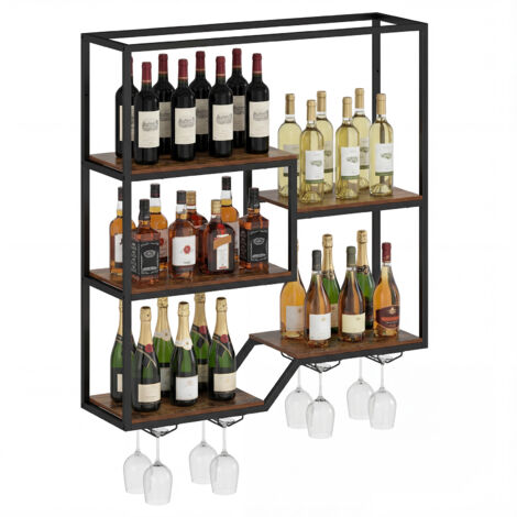 Porte-Bouteilles Mural pour Vin, Étagère Suspendue 6 Niveaux avec Présentoir pour Bouteilles et Porte-Verres, pour Cuisine, 102 x 30 x 112 cm