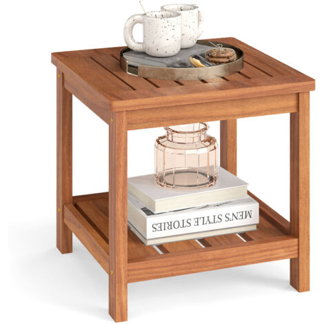 Table d'Appoint d'Extérieur et d'Intérieur à 2 Niveaux, Bout de Canape en Bois avec Étagère de Rangement, 45 x 45 x 44 cm, Marron (1/5)
