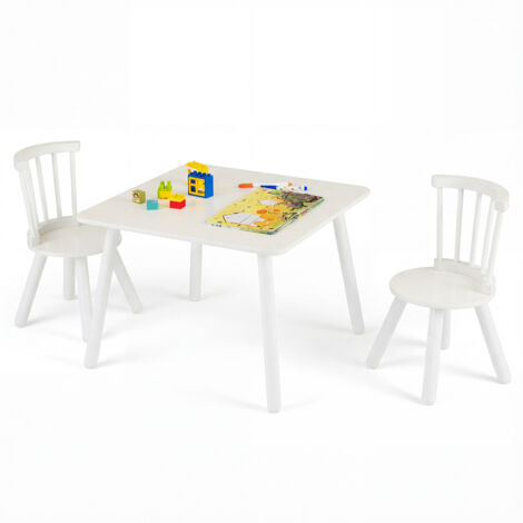 Table pour Enfants et 2 Chaises, avec Dossiers Incurvés à Barreaux, Sièges Ronds & Pieds en Bois Massif Naturel, Mobilier pour Tout-petits, Blanc (1/5)