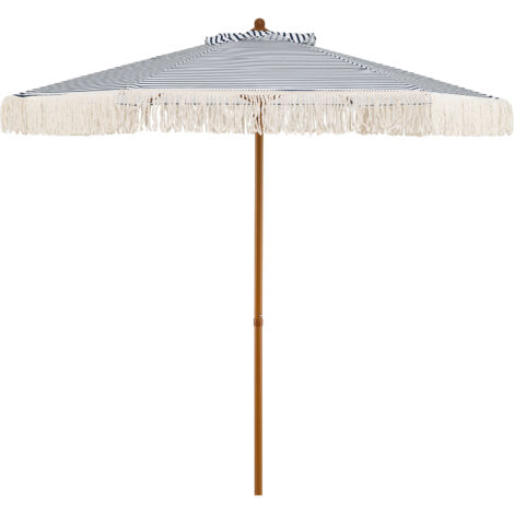 210 cm Parasol de Jardin Exterieur avec Franges, Toile Ventilé en Polyester, 6 Baleines, Mât en Aluminium Grain de Bois, Parasol Rond Bohème, Bleu